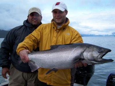 The photo of the week shows NHL New Jersey Devils rookie Rod Pelley proudly posing his first Chinook (King) Salmon landed in the Douglas Channel.  He was fishing with me and Rob Vodola.  We had a great day.  I managed to shoot a video clip of some of the